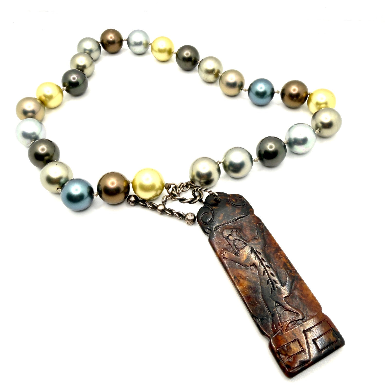 Vintage 90s Carved Brown Jade Multi Color Pearl Totem Statement Necklace